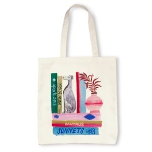 Kate Spade Cream Canvas Tote with Colorful Bookshelf Design